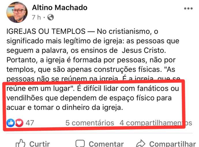 Diretor nomeado pelo Governador Gladson Cameli sugere que líderes evangélicos são vendilhões que tomam dinheiro da Igreja